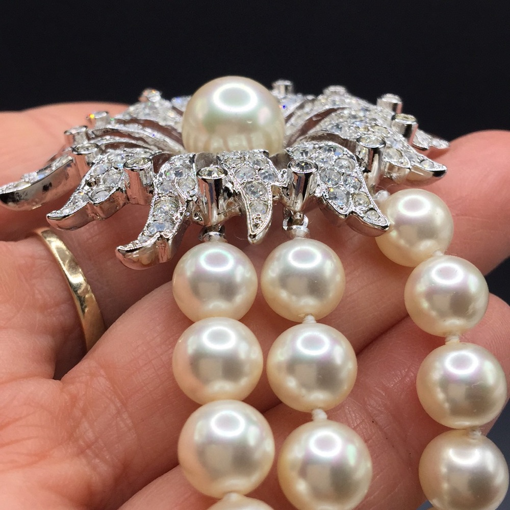 Vintage MCJ rhinestone pearl necklace, sterling ER - Picture 8 of 9